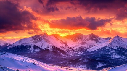 A stunning sunrise over a snow-covered mountain range.