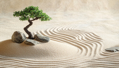 Wall Mural - A minimalist scene of a Japanese rock garden with perfectly raked sand, smooth stones, and a bonsai tree