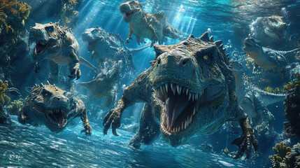 Wall Mural - An underwater scene of multiple dinosaurs swimming together, a variety of sizes and shapes, each with distinct textures and features, shafts of light