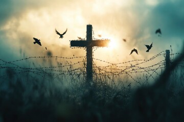 Cross of jesus christ break barrier wire on calvary sunday background good friday he is risen in easter day, Bird hope worship in God, generative ai