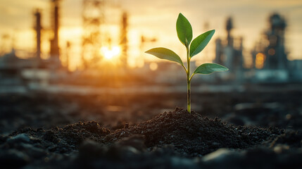 A young plant sprouting from the dirt, the background an industrial oil field with silos and power towers