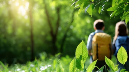 Two hikers enjoying a sunny day in a lush green forest.