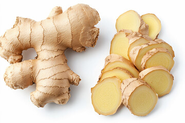 ginger root whole and sliced on white isolated background. view from above