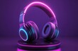 © Leo - Neon pink and blue headphones resting on a circular glowing platform symbolizing modern sound technology audio design and digital innovation in a vibrant tech driven setting