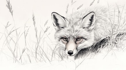 Wall Mural - A fox peeking through tall grass with a detailed, realistic drawing style.