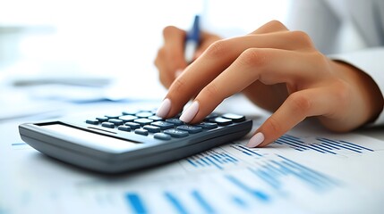 Businesswoman's Hands Using Calculator with Financial Documents Side View