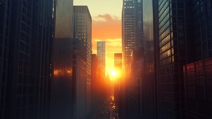 Sticker - Cityscape with tall buildings in the background with orange and red sunset.