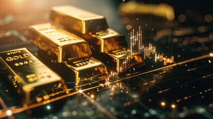 Stack of gold bars with stock market chart in the background.