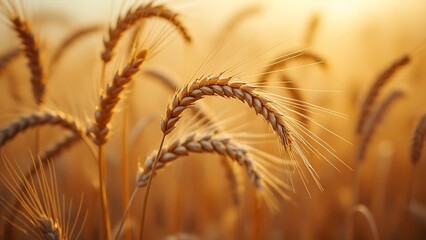 A detailed close-up of ripe golden wheat heads swaying gently in the breeze, ready for harvest. The rich textures and warm colors capture the essence of a bountiful wheat field.