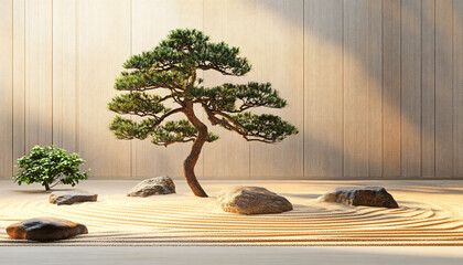 Wall Mural - A minimalist scene of a Japanese rock garden with perfectly raked sand, smooth stones, and a bonsai tree