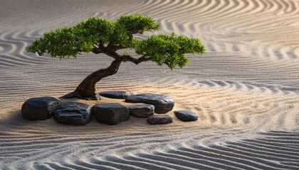 Wall Mural - A minimalist scene of a Japanese rock garden with perfectly raked sand, smooth stones, and a bonsai tree