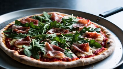 Gluten free pizza with arugula and prosciutto closeup