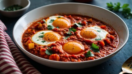 Libyan shakshuka eggs poached in spicy tomato sauce closeup