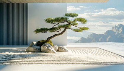 Wall Mural - A minimalist scene of a Japanese rock garden with perfectly raked sand, smooth stones, and a bonsai tree