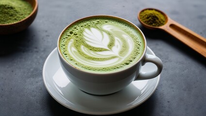 Matcha latte with almond milk foam closeup