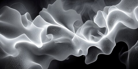 Abstract composition of sheer flowing subtly-patterned vapor in white on a black background