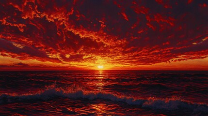 Wall Mural - Dramatic fiery sunset over choppy sea with a deep orange sky.