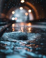 Wall Mural - Rainy day in the city under storm drain. Water drops fall into the water.