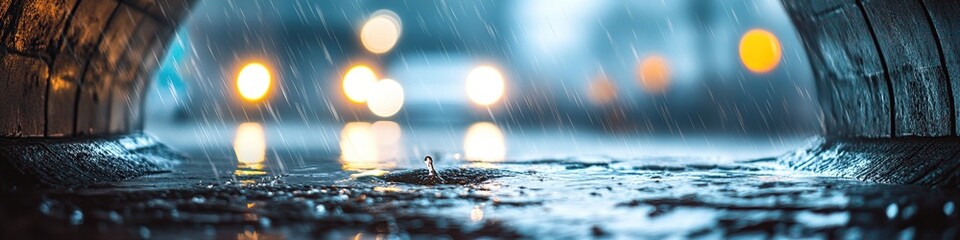 Wall Mural - Rainy day in the city. Water drops fall into the sewer drain tunnel.