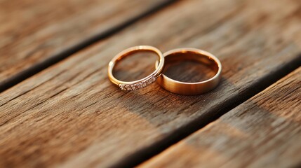 A pair of wedding rings placed together on a wooden table, symbolizing commitment and partnership