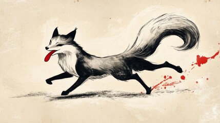 Black and white fox running with red blood splatter on beige background.