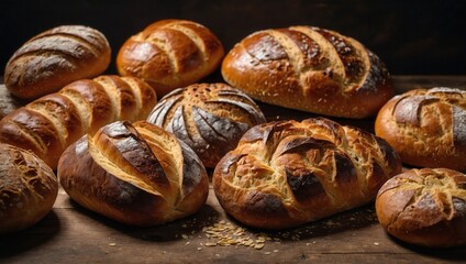 Variety of bread rolls with different textures and colors, no people visible