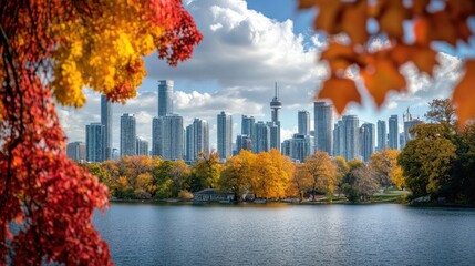 A vibrant skyline framed by colorful autumn foliage, showcasing the beauty of nature alongside urban life.