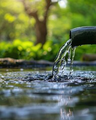 Water flows from a pipe into a puddle on a sunny day