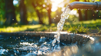 Water flows from a pipe into a puddle on a sunny day