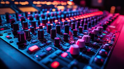 A close-up of a soundboard captures the detailed controls and settings essential for sound engineering.