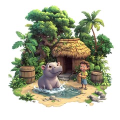 Wall Mural - Isometric Rendering of a Hippo Scene