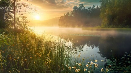 Wall Mural - Sunrise_Flowers_Forest_Lake_Colourbox_Nature_com