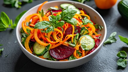 Wall Mural - A colorful salad with spiralized carrots, beets, and cucumber, topped with fresh herbs and a light vinaigrette, placed in a sunlit garden setting