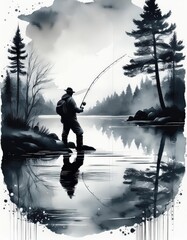 Poster - Man fishing in a lake