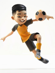 Wall Mural - Fun cartoon style 3D render of an Asian male soccer player kicking a ball, dynamic and cheerful, white background, no logos 