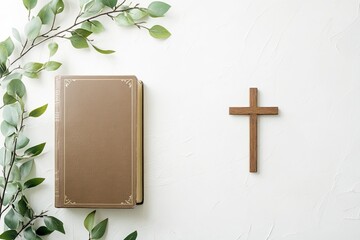 Wall Mural - Holy Bible, cross and branch on light background with space for text .generative ai