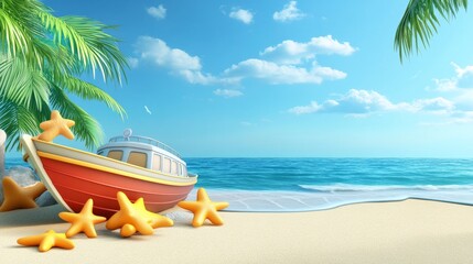 A boat is sitting on the beach with a bunch of orange starfish on the sand