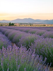 Sticker - A field of lavender flowers in bloom, with a view of rolling hills in the distance at sunset.