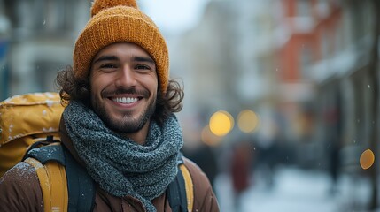 Wall Mural - A smiling man walks through the city, his cheerful demeanor adding to the lively urban atmosphere.