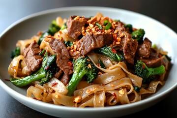 A flavorful Thai pad see ew with stir-fried flat rice noodles, Chinese broccoli, and tender slices of beef, garnished with chili flakes