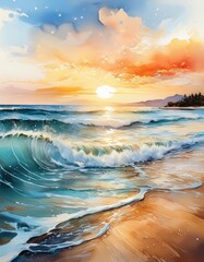 Poster - Sunset over ocean waves