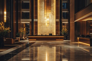 Interior of a luxury hotel lobby in the evening generative ai