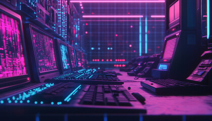 A retro-futuristic design with neon grids, VHS glitches, and pixelated elements, taking inspiration from 80s sci-fi movies and video games