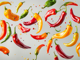 Wall Mural - Various falling fresh ripe sweet pepper on light white background, horizontal composition