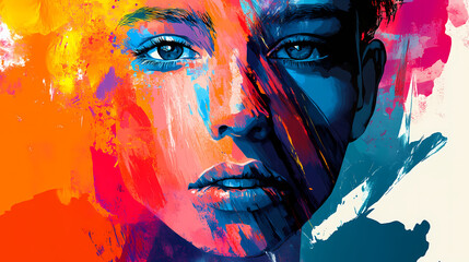 Wall Mural - Abstract portrait fragmented face vibrant paint splatters light refractions shadow play emotional expression bold brush strokes contemporary art style. Shadow Play. Illustration