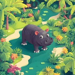 Wall Mural - Isometric Rendering of an Adorable Baby Pygmy Hippopotamus by Pond in Lush Greenery - Realistic 3D Rendering of Cute Animal Scene.