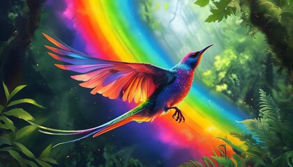 Majestic birds soaring through a vibrant rainbow amidst a lush, colorful forest