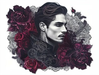 Wall Mural - Digital portrait of a gothic man surrounded by dark red roses and intricate lace designs, combining dark elegance and mysterious beauty.