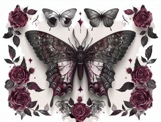 Wall Mural - Intricate digital artwork featuring a gothic butterfly surrounded by burgundy roses and lace patterns, blending dark elegance and nature.