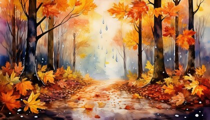 Poster - Autumn forest path with rain